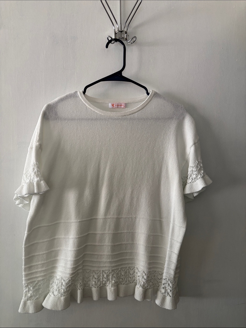 Women’s Cream Short-Sleeve Knit Top with Ruffle Trim